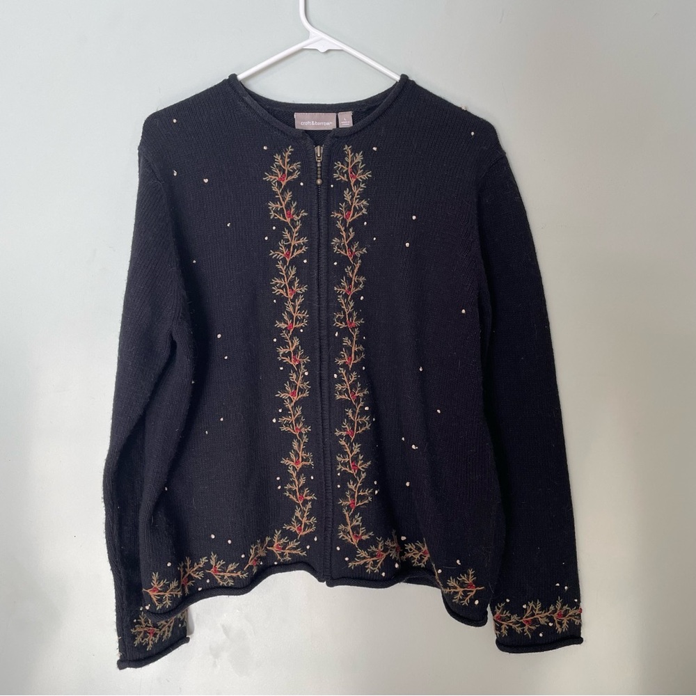Croft & Barrow Black Holly Zip Cardigan sweater Women's size L Holiday